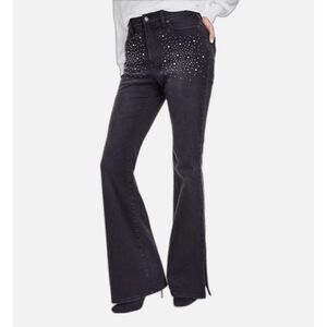 INC Denim Jeans High Rise Flare Black Wash Rhinestones Studded at front NWT 6 💙